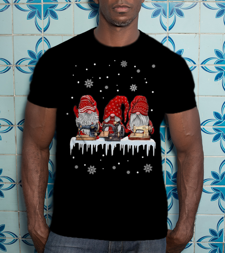 Christmas Gnomes Red Sewing Machine Snowflakes Winter Scene T-Shirt