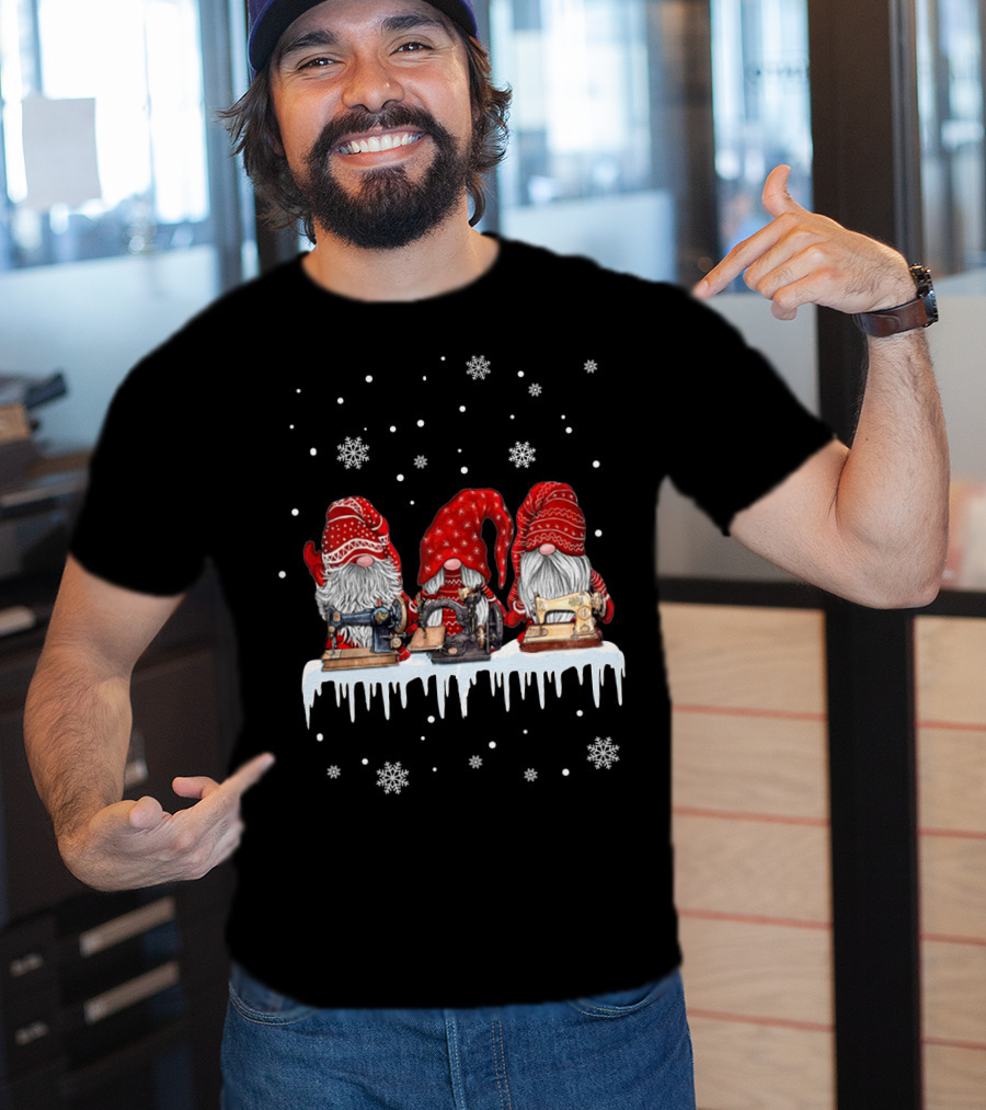 Christmas Gnomes Red Sewing Machine Snowflakes Winter Scene T-Shirt