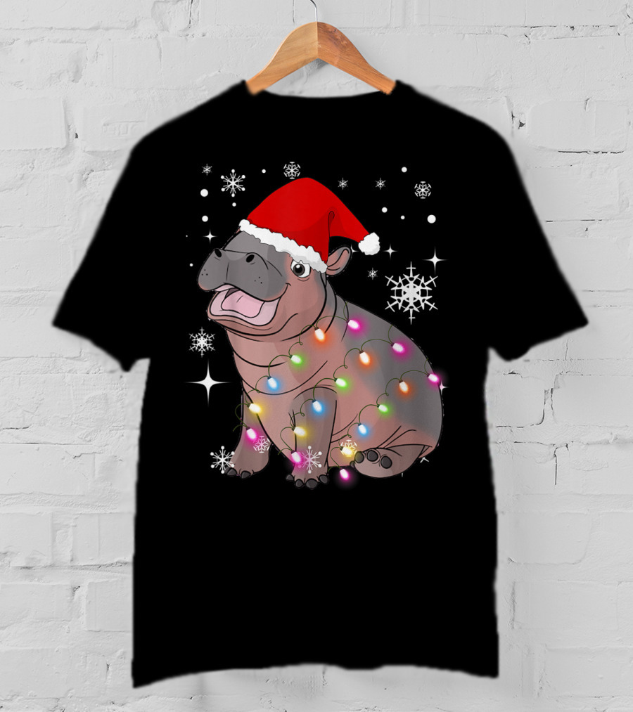 Christmas Lights Baby Hippo Fiona Santa Hat T-Shirt