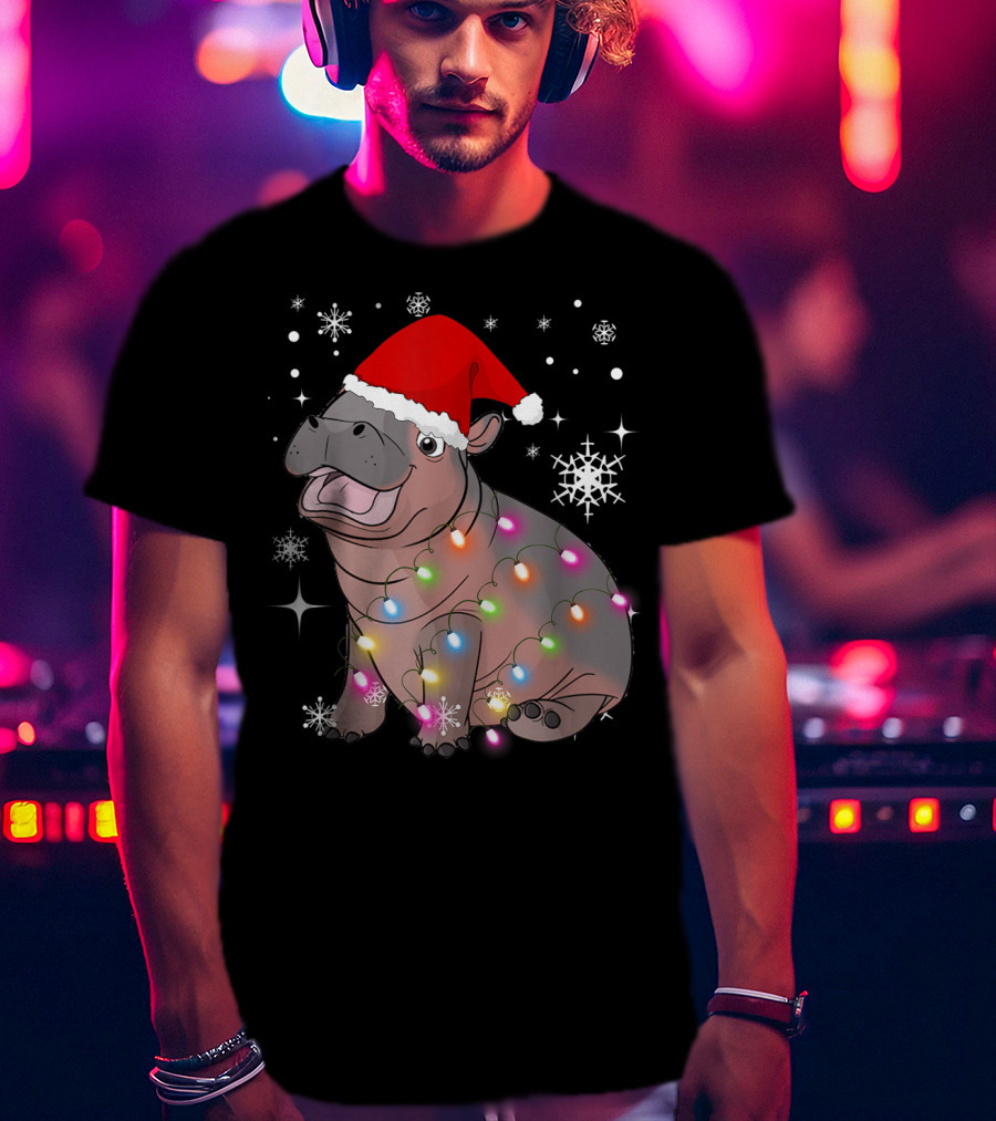 Christmas Lights Baby Hippo Fiona Santa Hat T-Shirt