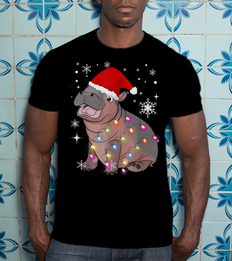 Christmas Lights Baby Hippo Fiona Santa Hat T-Shirt