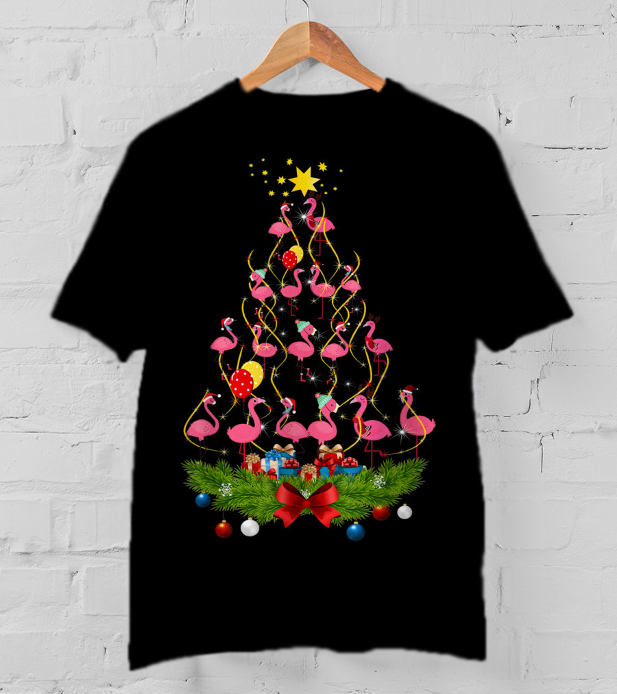 Pink Flamingo Christmas Tree With Santa Hats And Festive Decorations T-Shirt