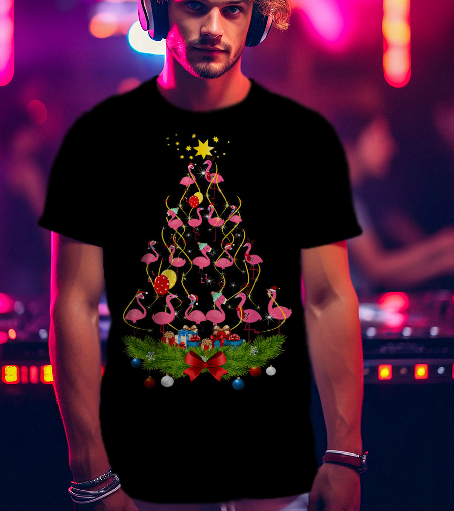 Pink Flamingo Christmas Tree With Santa Hats And Festive Decorations T-Shirt