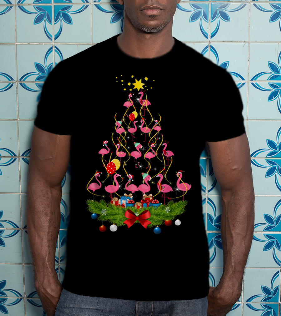 Pink Flamingo Christmas Tree With Santa Hats And Festive Decorations T-Shirt