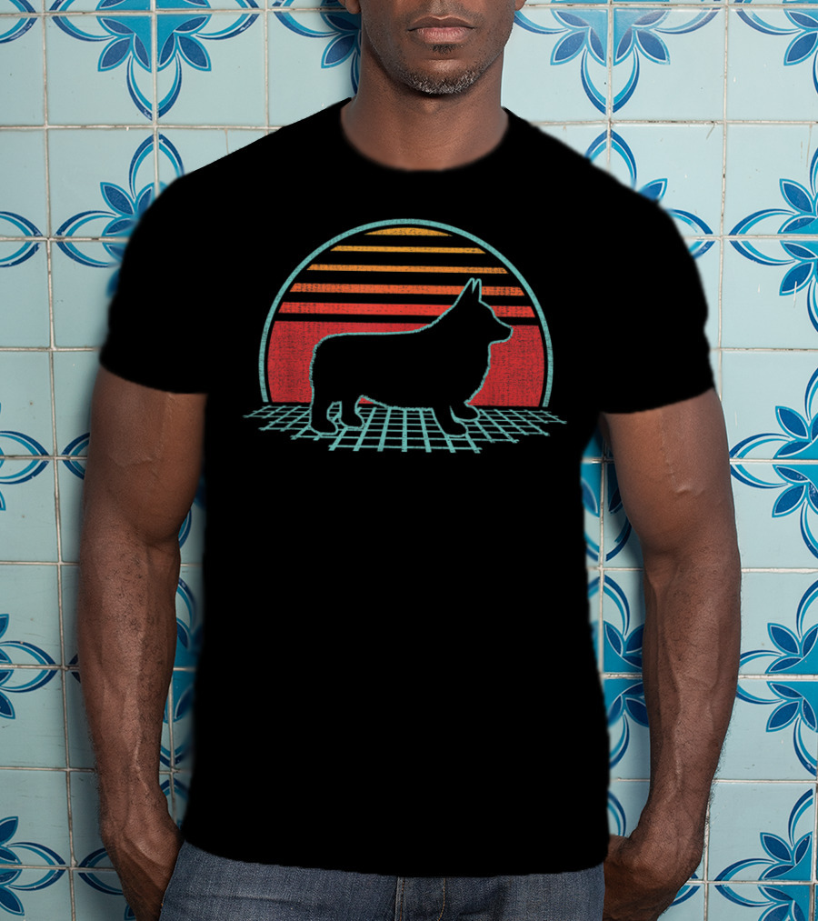 Corgi Vintage Pembroke Welsh 80S Style Retro Sunset T-Shirt