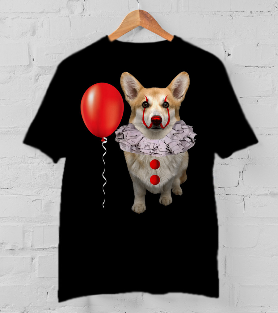 Corgi Clown Costume With Red Balloon Scary Funny Corgi T-Shirt