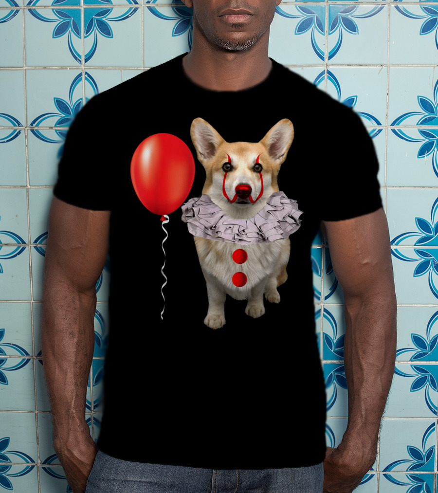 Corgi Clown Costume With Red Balloon Scary Funny Corgi T-Shirt
