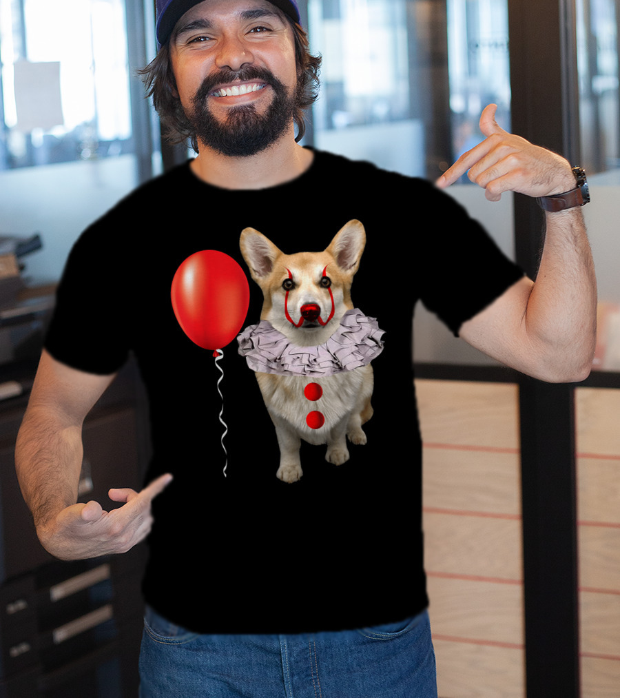 Corgi Clown Costume With Red Balloon Scary Funny Corgi T-Shirt