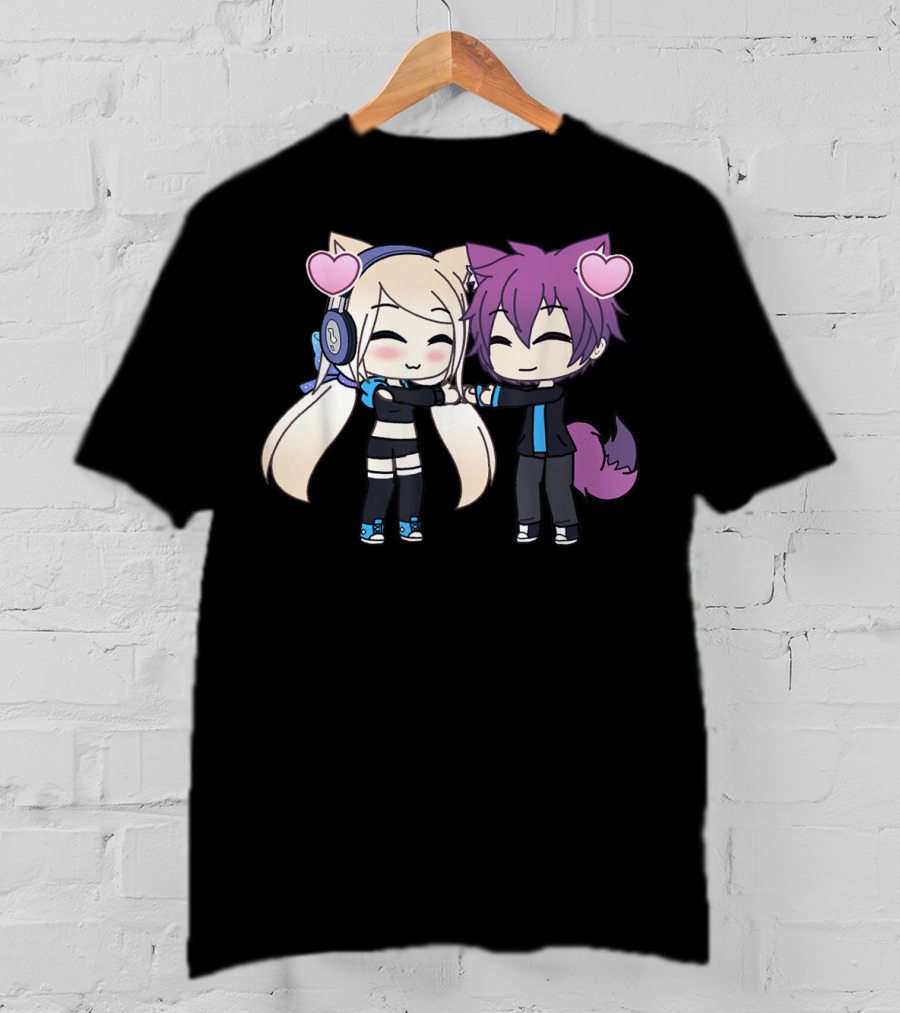 Cute Kawaii Chibi Anime Girl And Boy With Hearts And Cat Ears T-Shirt