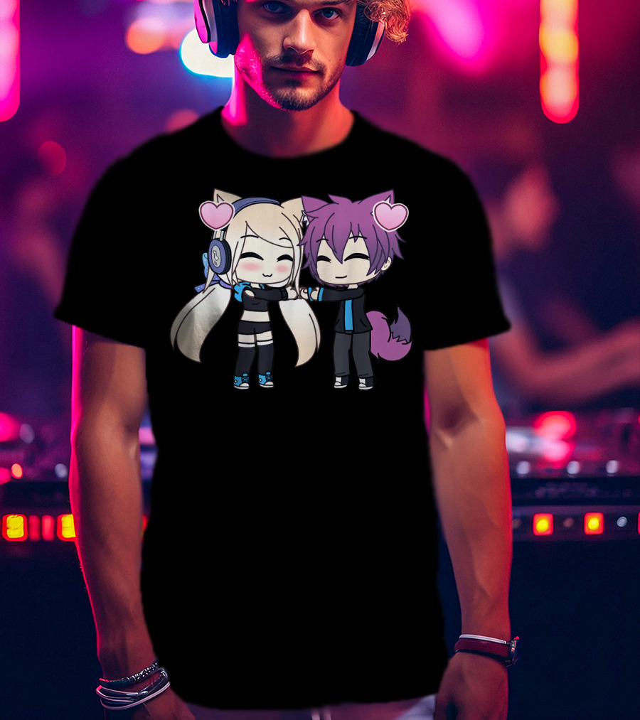 Cute Kawaii Chibi Anime Girl And Boy With Hearts And Cat Ears T-Shirt