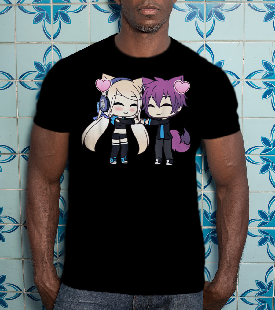 Cute Kawaii Chibi Anime Girl And Boy With Hearts And Cat Ears T-Shirt