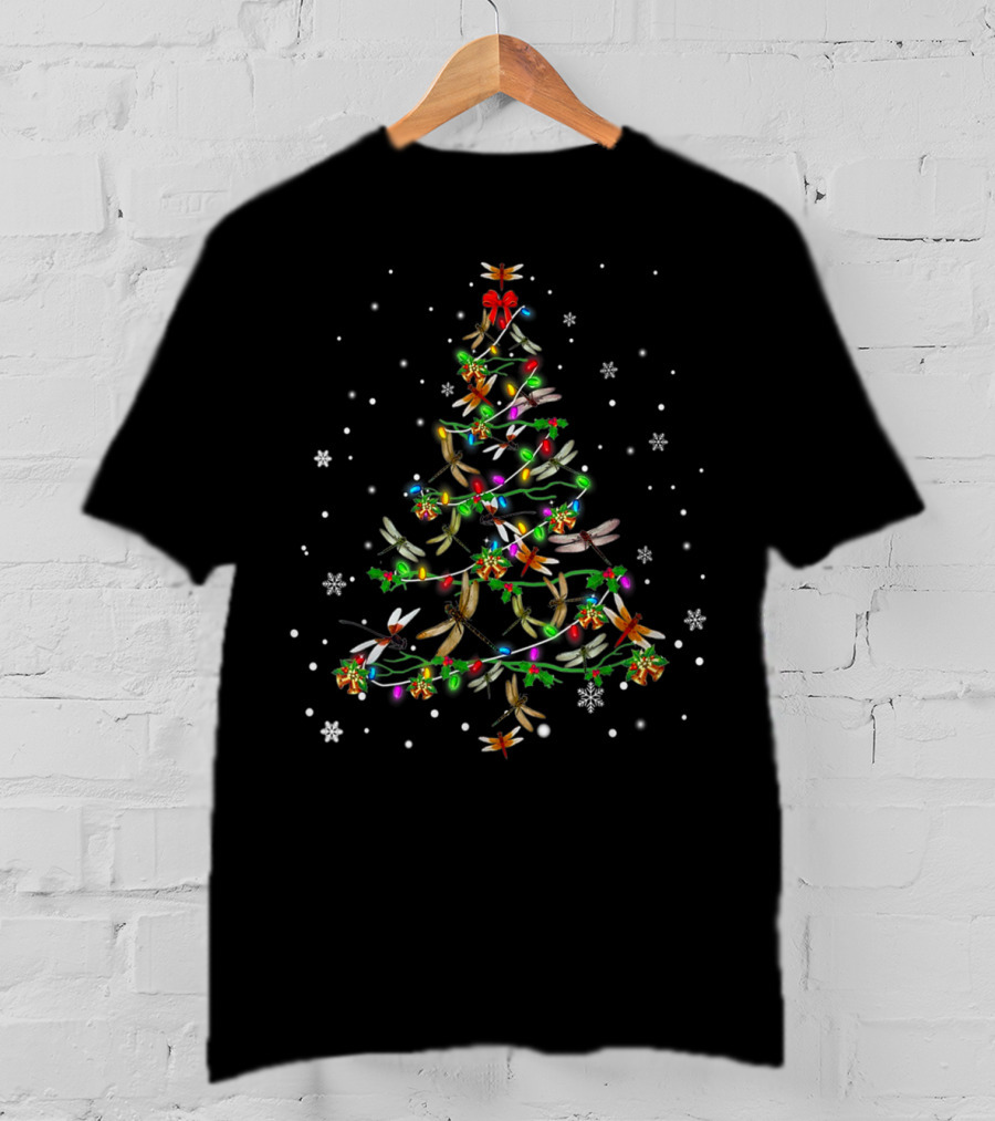 Dragonfly Christmas Tree Lights And Snowflakes Decor T-Shirt