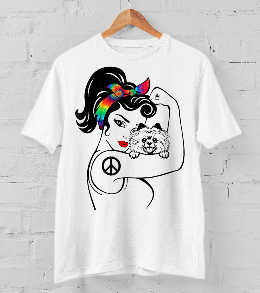 Cute Pomeranian Mom Peace Rainbow Bandana T-Shirt