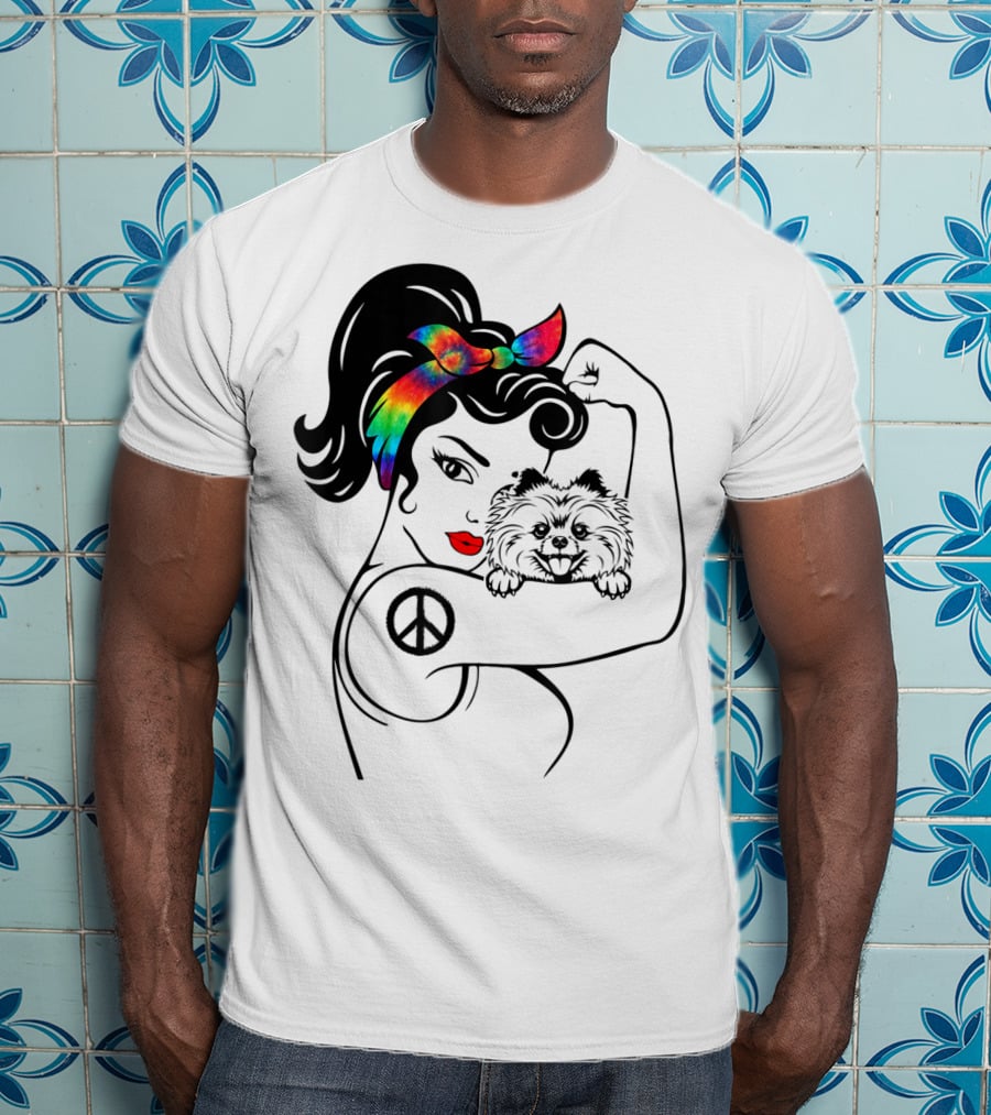 Cute Pomeranian Mom Peace Rainbow Bandana T-Shirt