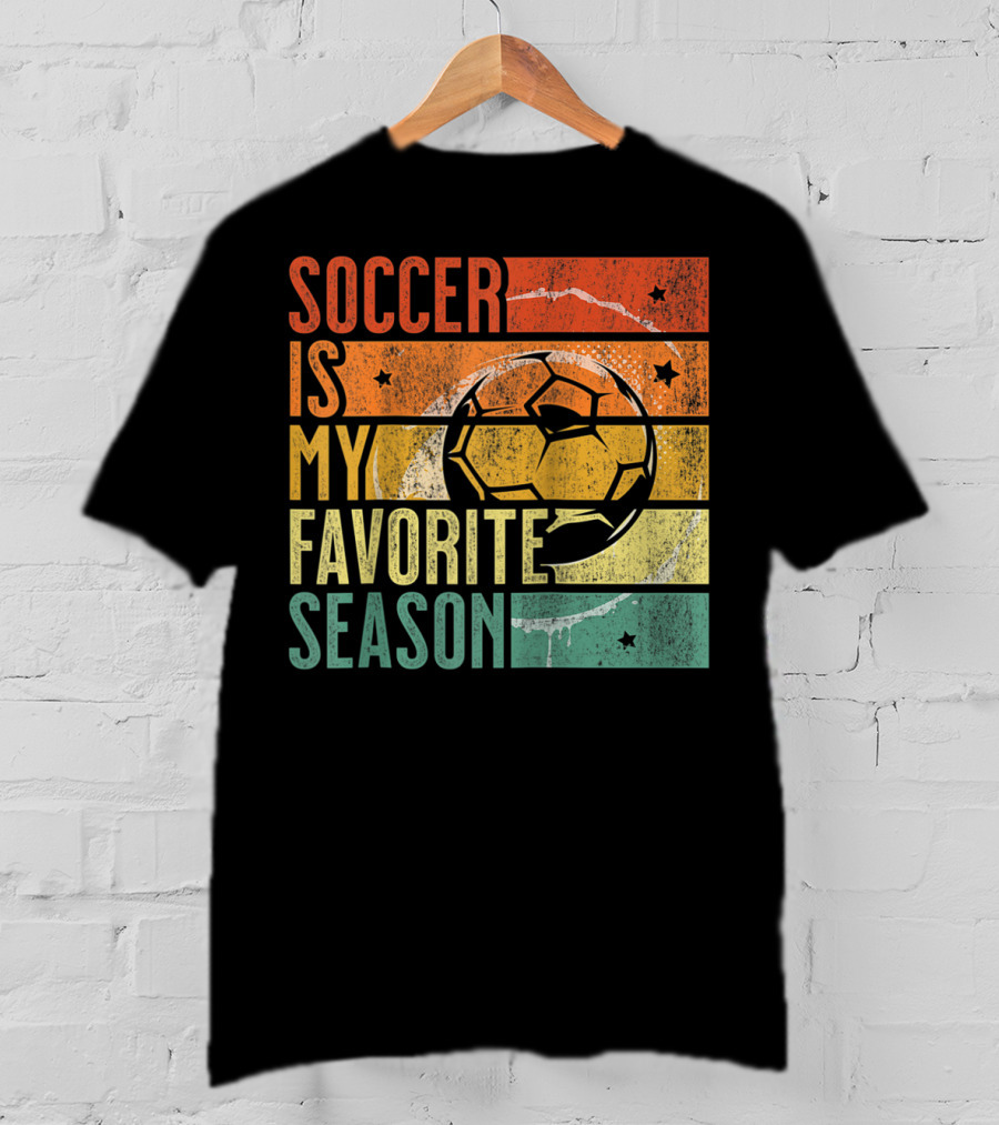 Soccer Is My Favorite Season Vintage Distressed Stripes Football Ball Retro T-Shirt