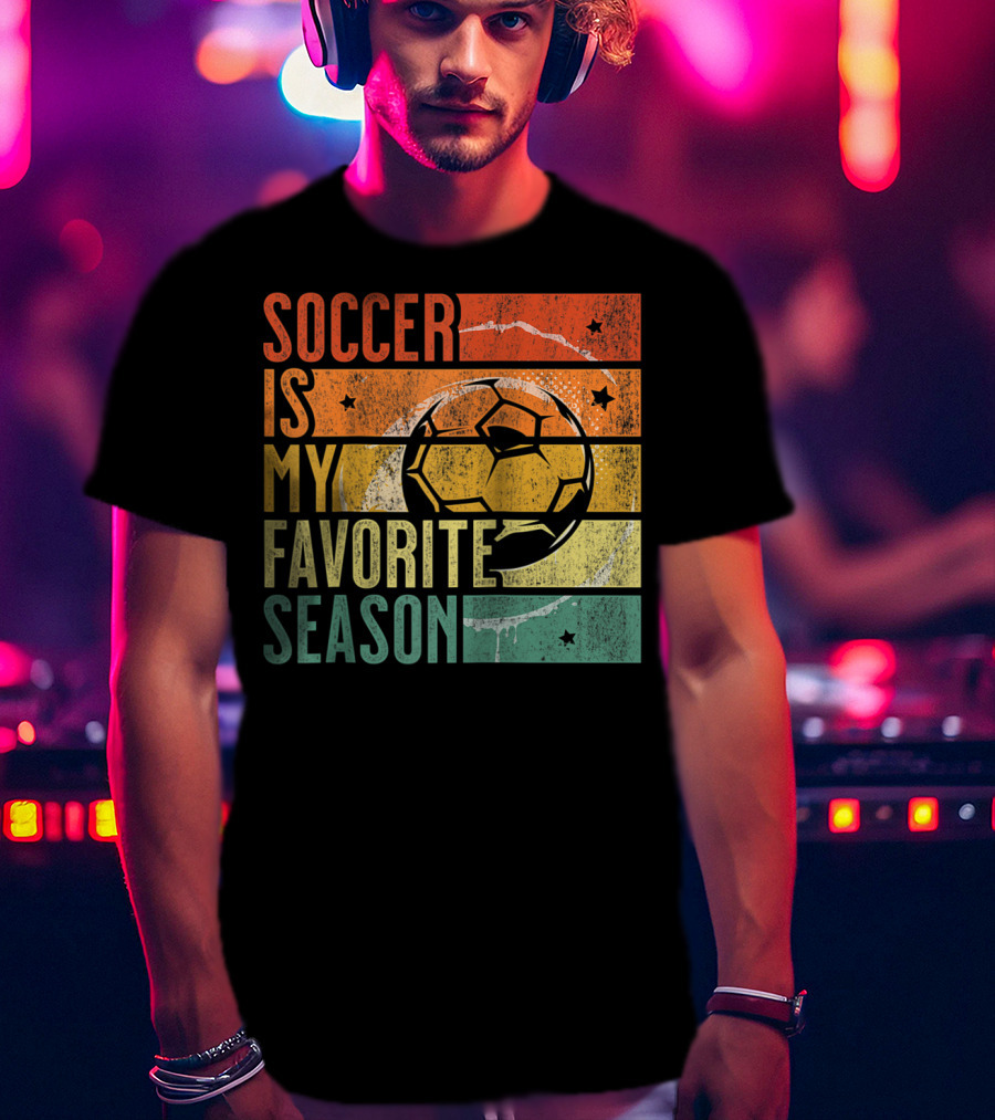Soccer Is My Favorite Season Vintage Distressed Stripes Football Ball Retro T-Shirt