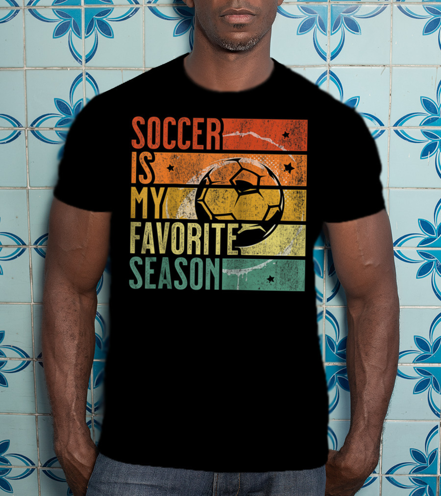 Soccer Is My Favorite Season Vintage Distressed Stripes Football Ball Retro T-Shirt