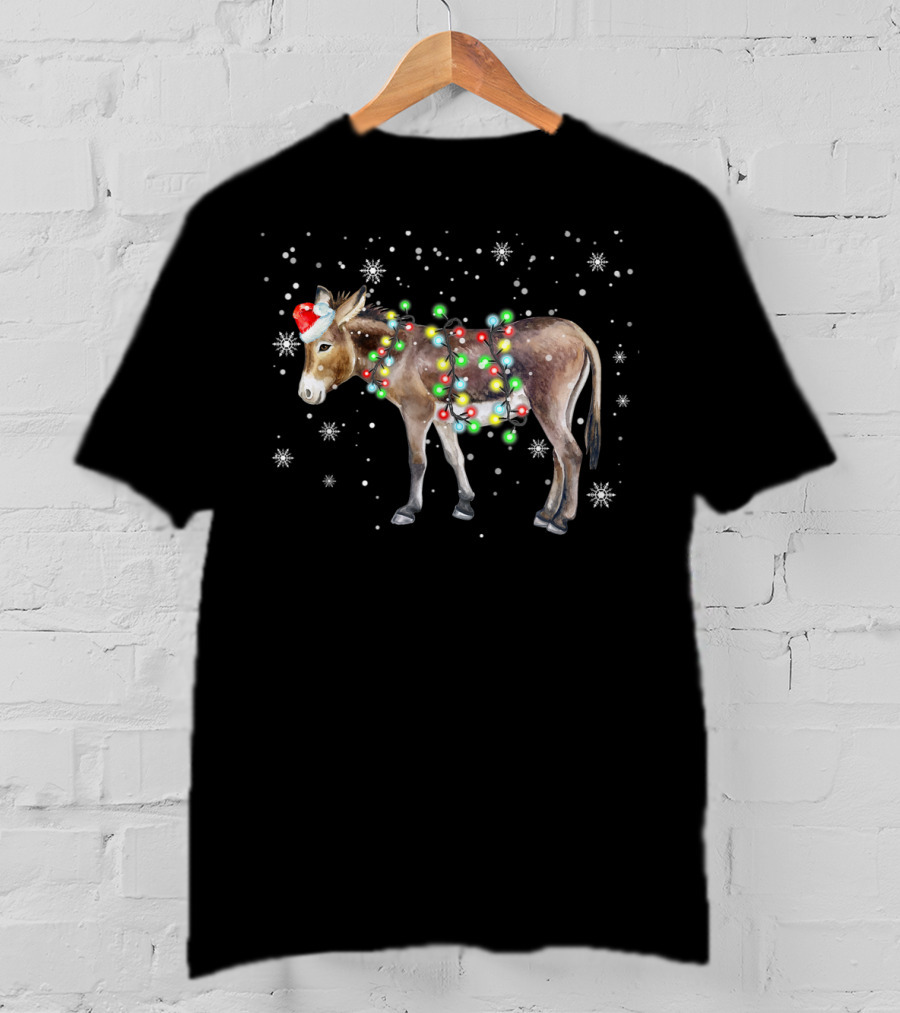 Donkey Christmas Santa Hat Colorful Lights Snowflakes Xmas T-Shirt