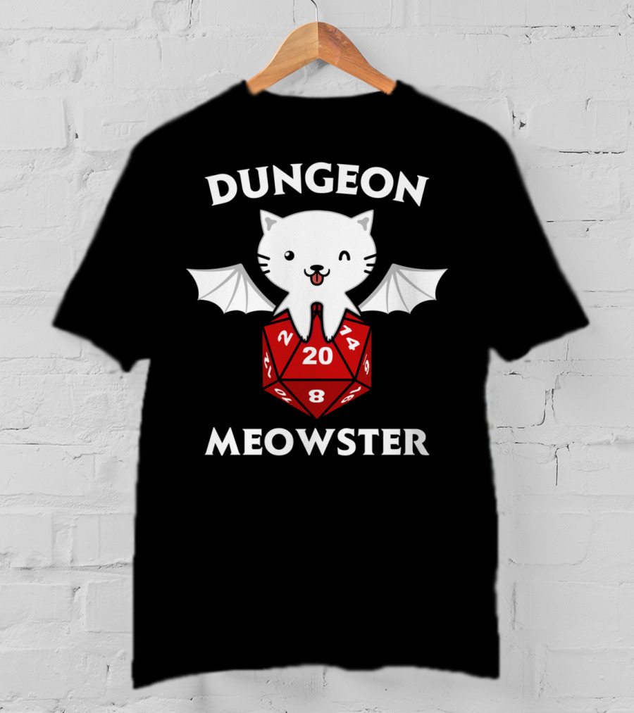 Dungeon Meowster D20 RPG Cat With Wings On Dice T-Shirt
