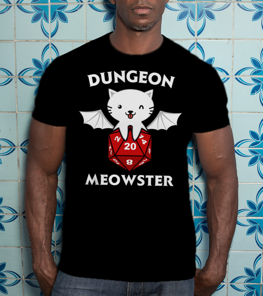 Dungeon Meowster D20 RPG Cat With Wings On Dice T-Shirt