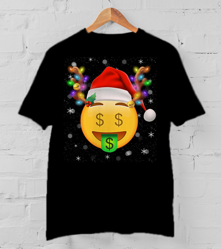 Santa Hat Reindeer Antlers Emoji Money Face T-Shirt