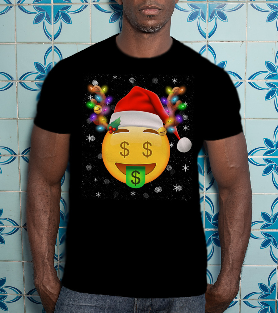 Santa Hat Reindeer Antlers Emoji Money Face T-Shirt