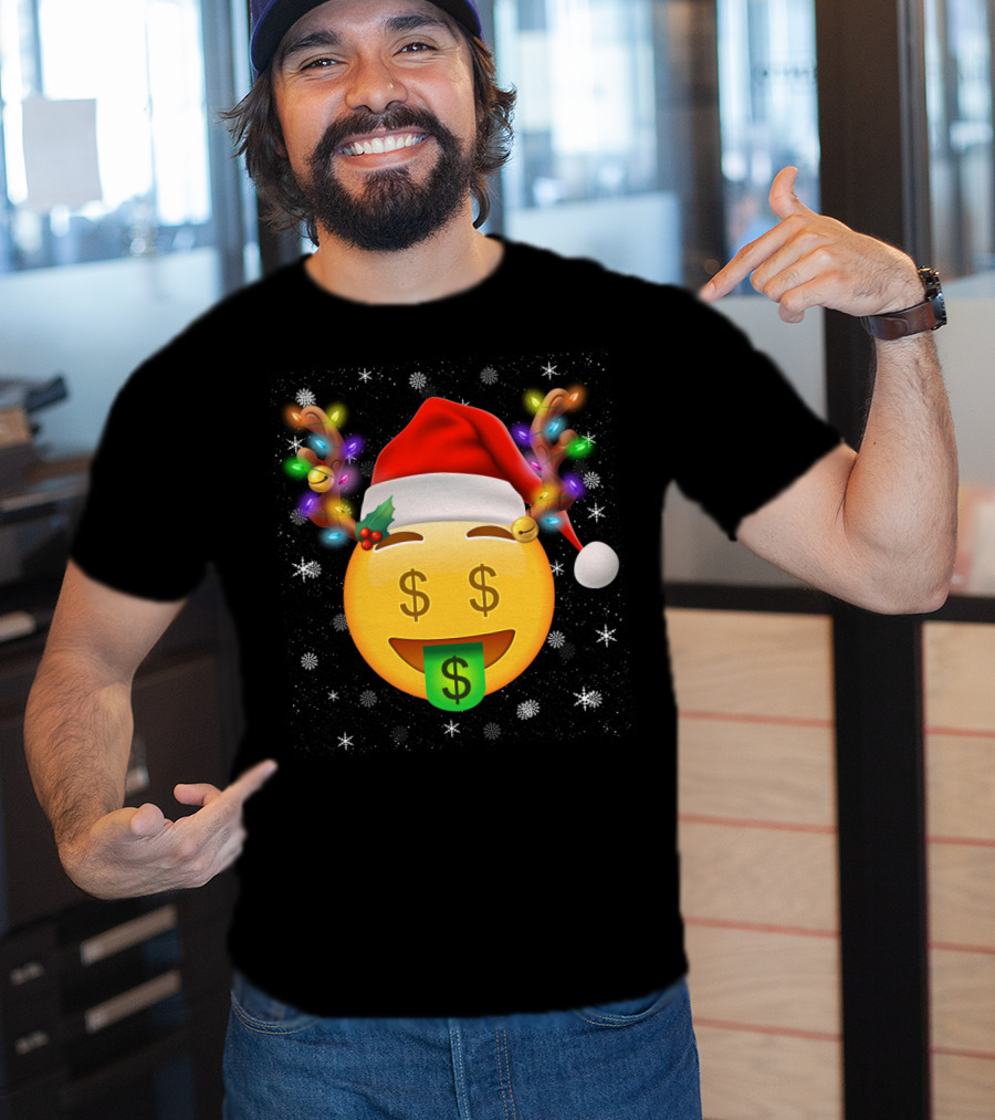 Santa Hat Reindeer Antlers Emoji Money Face T-Shirt