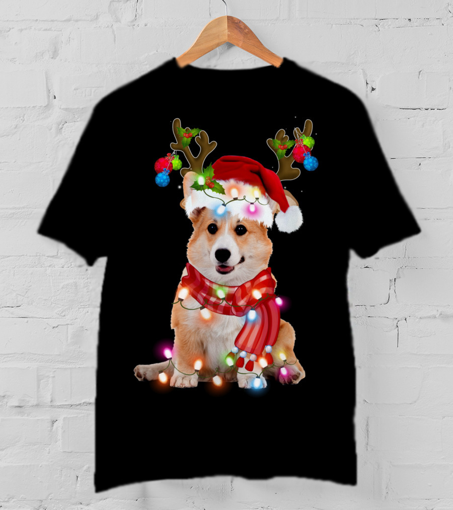 Corgi Christmas Reindeer Antlers Festive Lights And Santa Hat T-Shirt