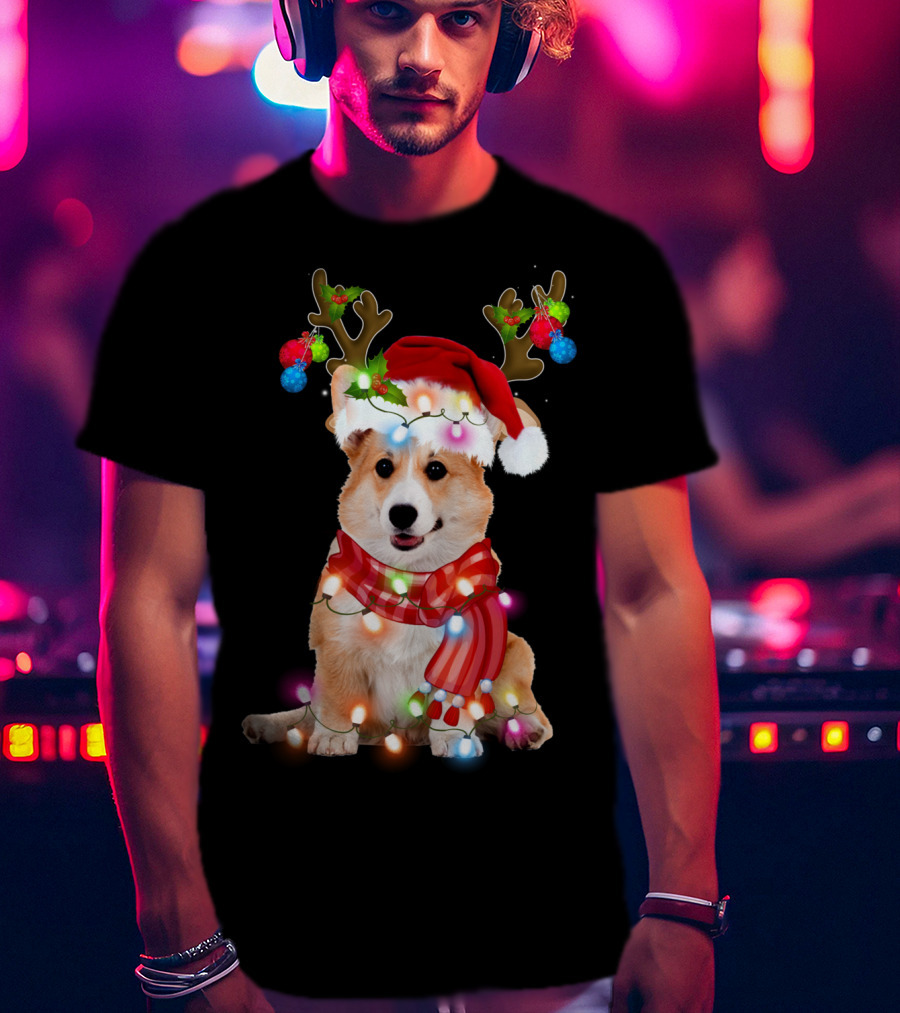 Corgi Christmas Reindeer Antlers Festive Lights And Santa Hat T-Shirt