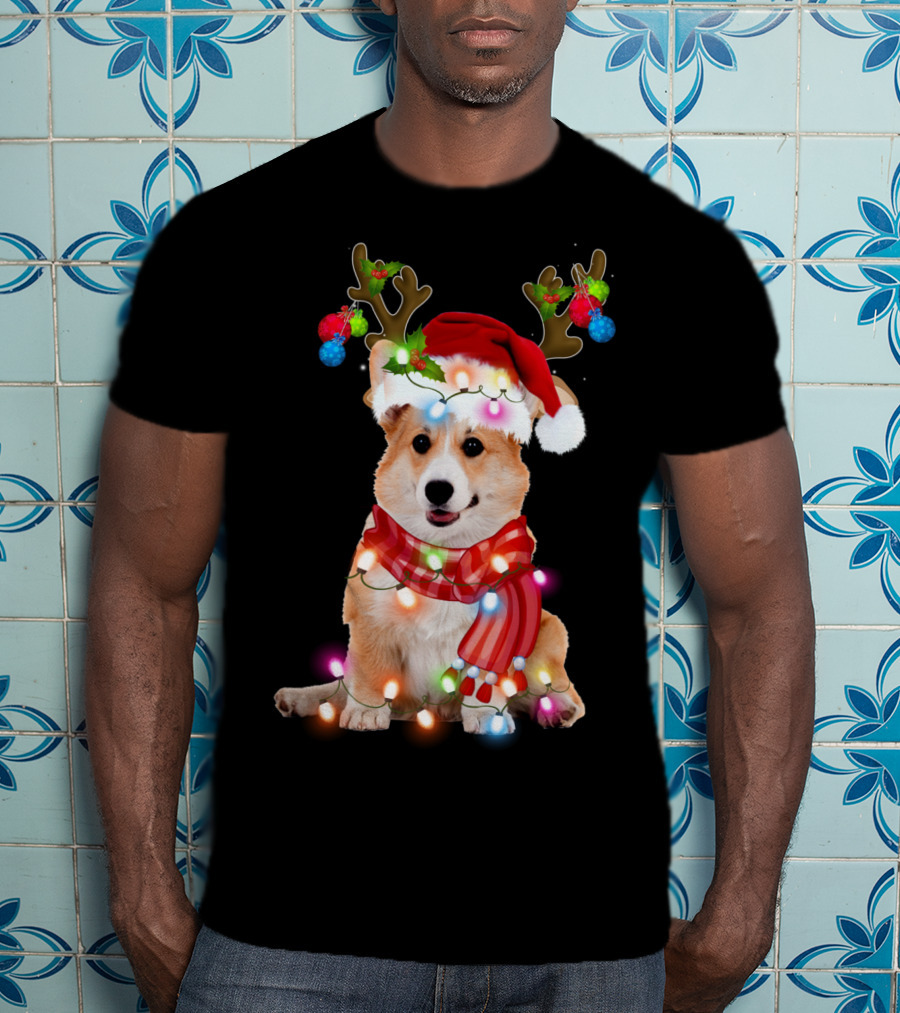 Corgi Christmas Reindeer Antlers Festive Lights And Santa Hat T-Shirt