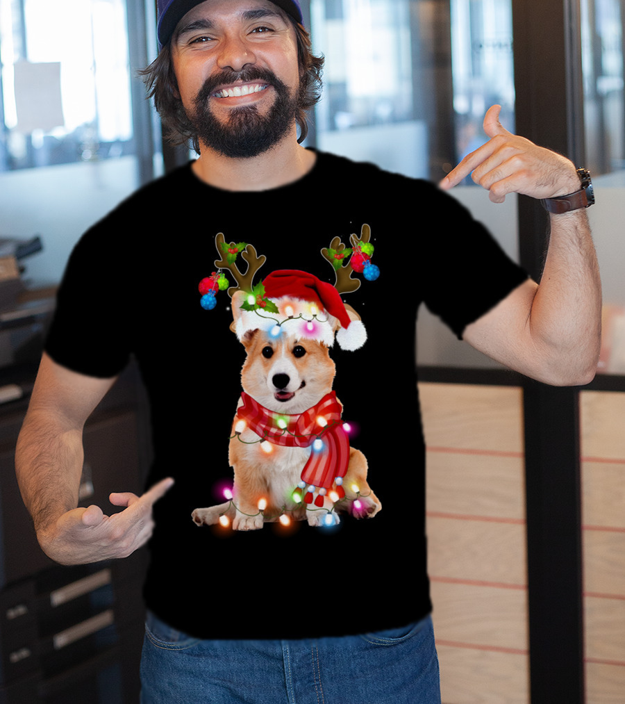 Corgi Christmas Reindeer Antlers Festive Lights And Santa Hat T-Shirt