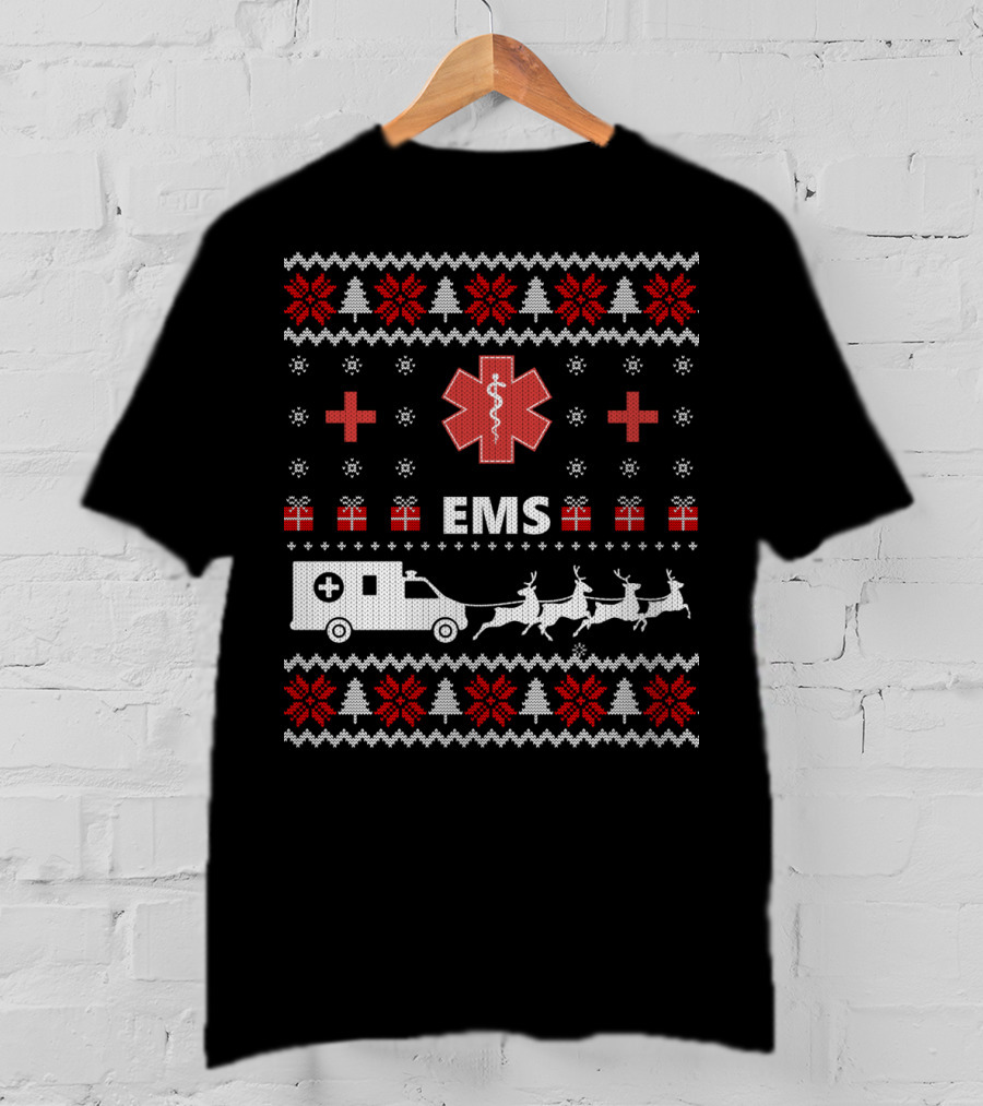 Funny EMS Christmas Ambulance Reindeer Ugly T-Shirt