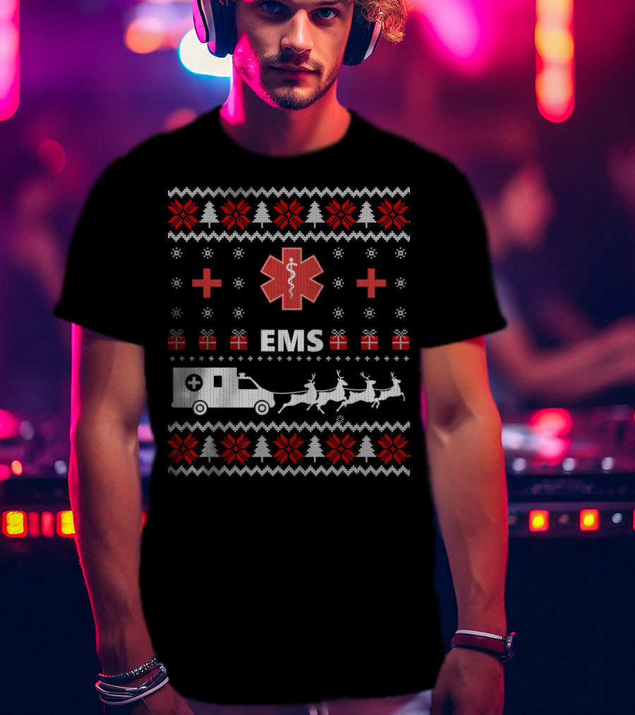 Funny EMS Christmas Ambulance Reindeer Ugly T-Shirt