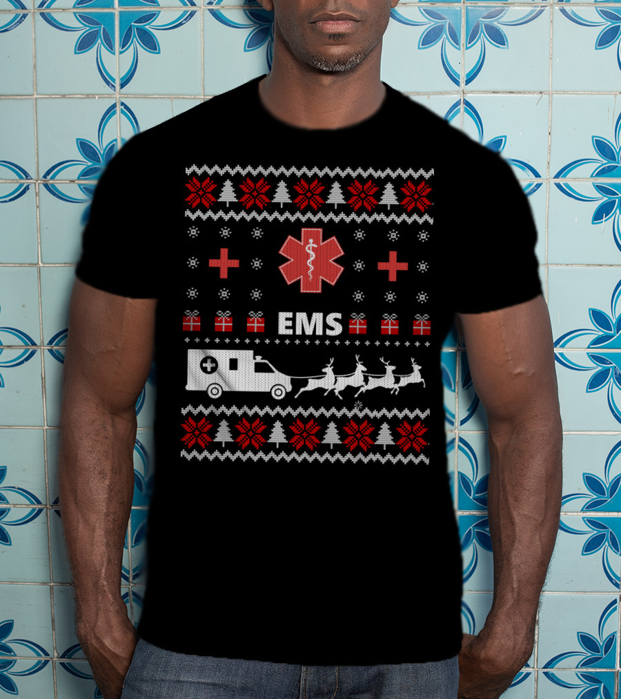 Funny EMS Christmas Ambulance Reindeer Ugly T-Shirt