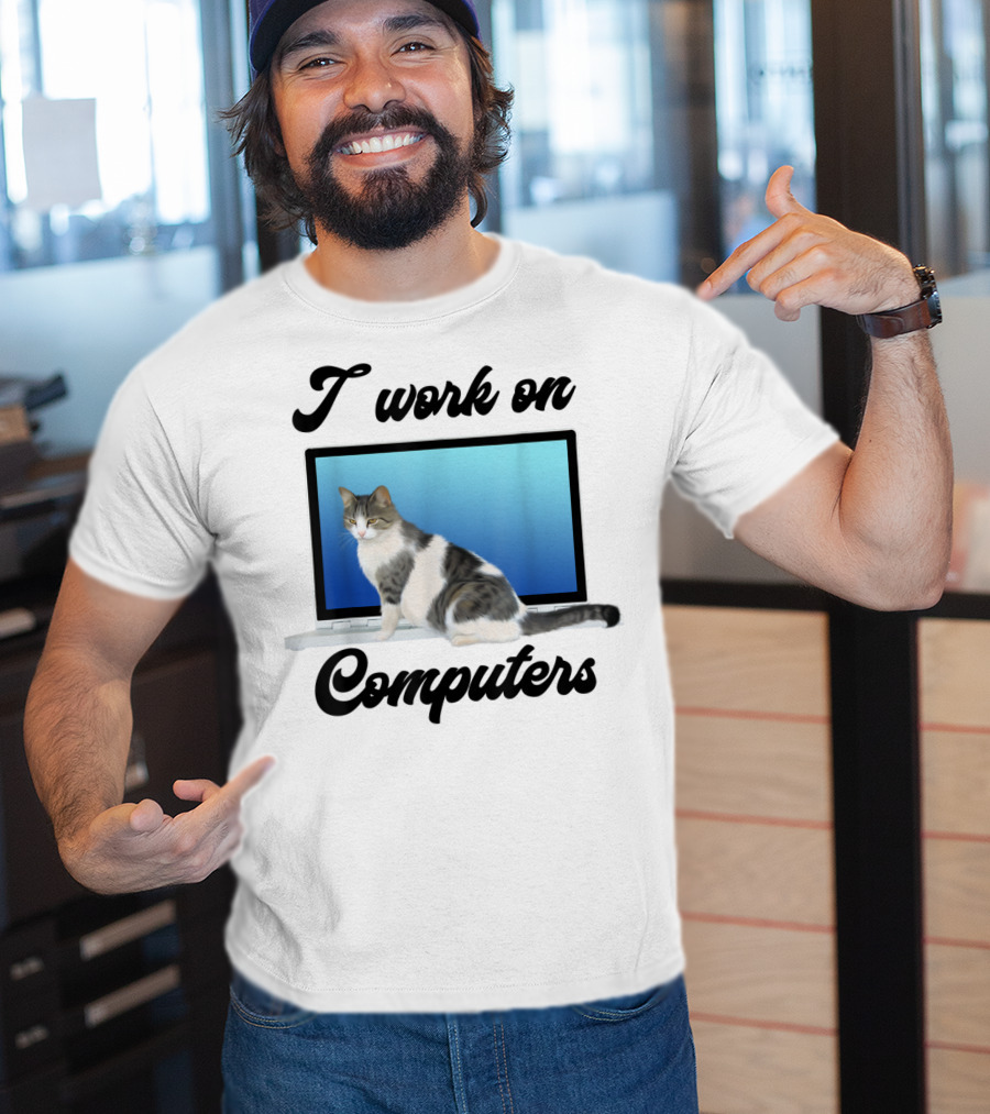 I Work On Computers Funny Grey White Cats Kitty T-Shirt