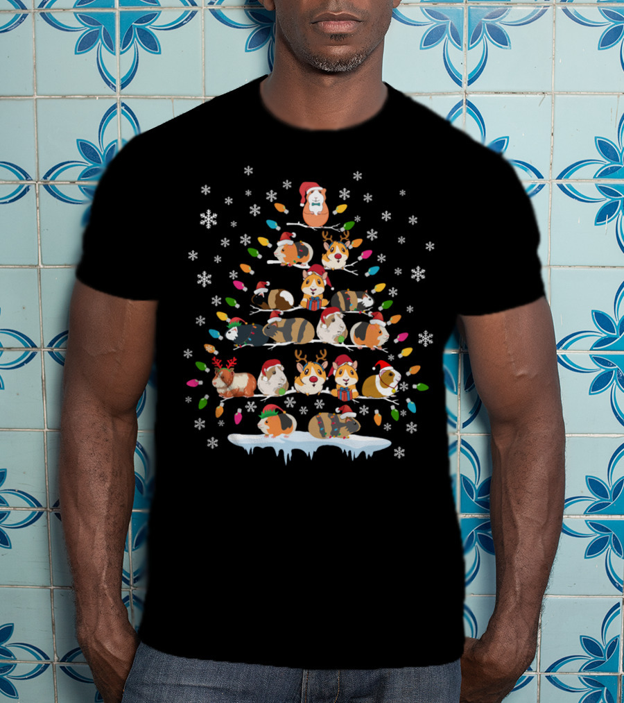 Funny Guinea Pig Christmas Tree Ornament With Santa And Reindeer Decor Elements T-Shirt