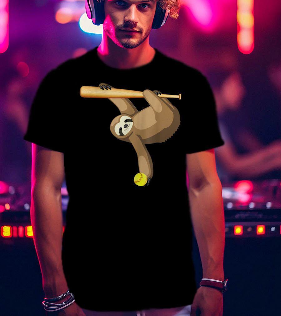 Funny Lazy Sloth Playing Baseball Softball With Bat And Ball T-Shirt