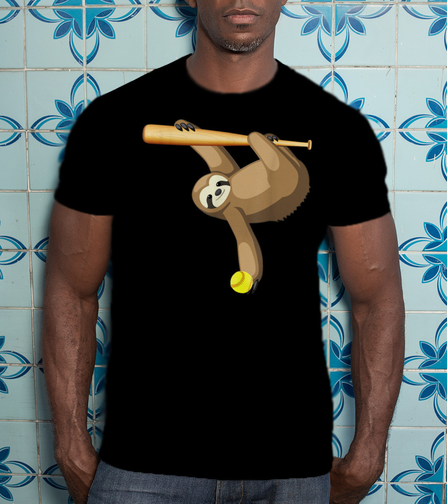 Funny Lazy Sloth Playing Baseball Softball With Bat And Ball T-Shirt
