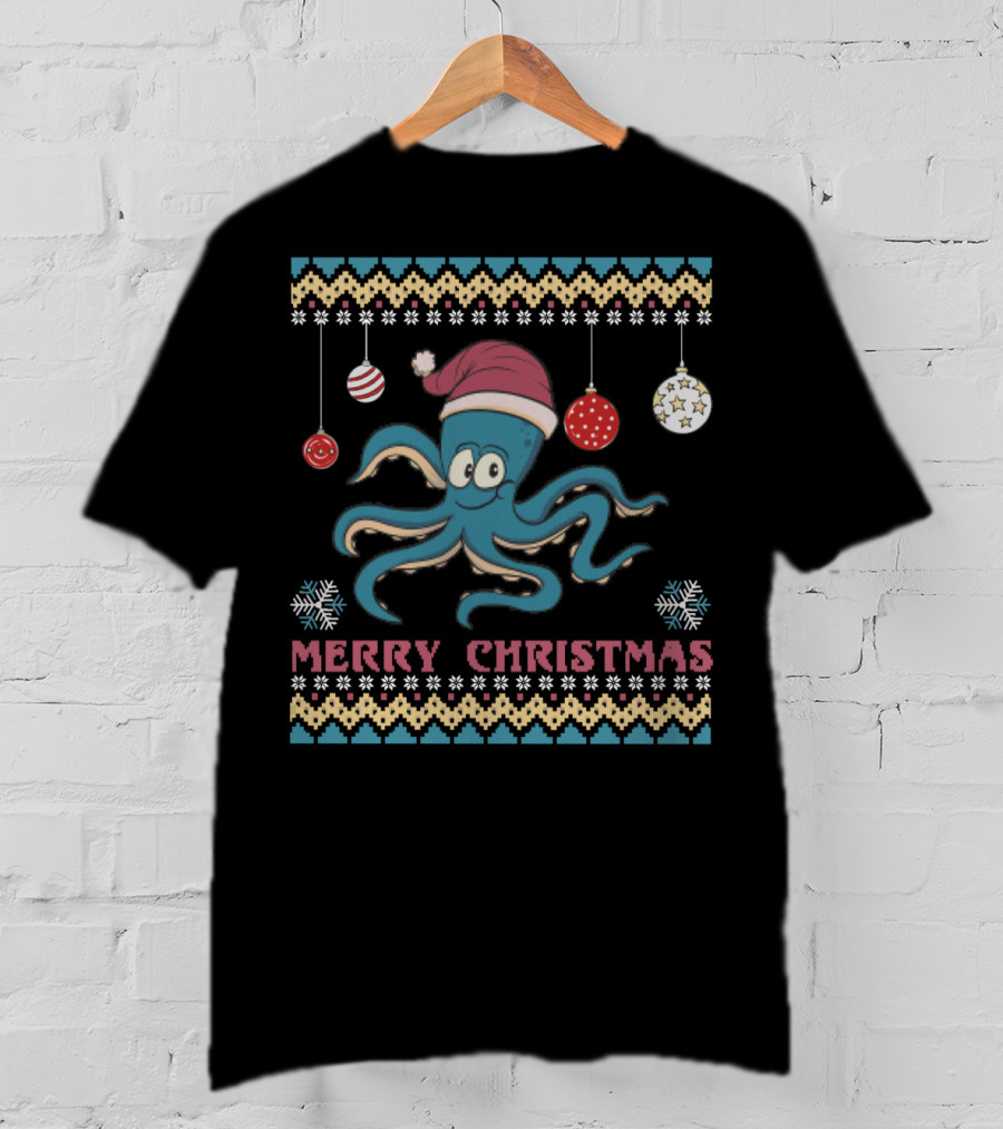 Merry Christmas Funny Octopus Santa Hat Ugly T-Shirt
