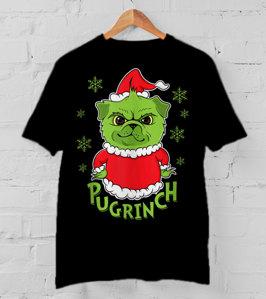 Pugrinch Funny Pug Dog In Christmas Santa Hat With Snowflakes T-Shirt