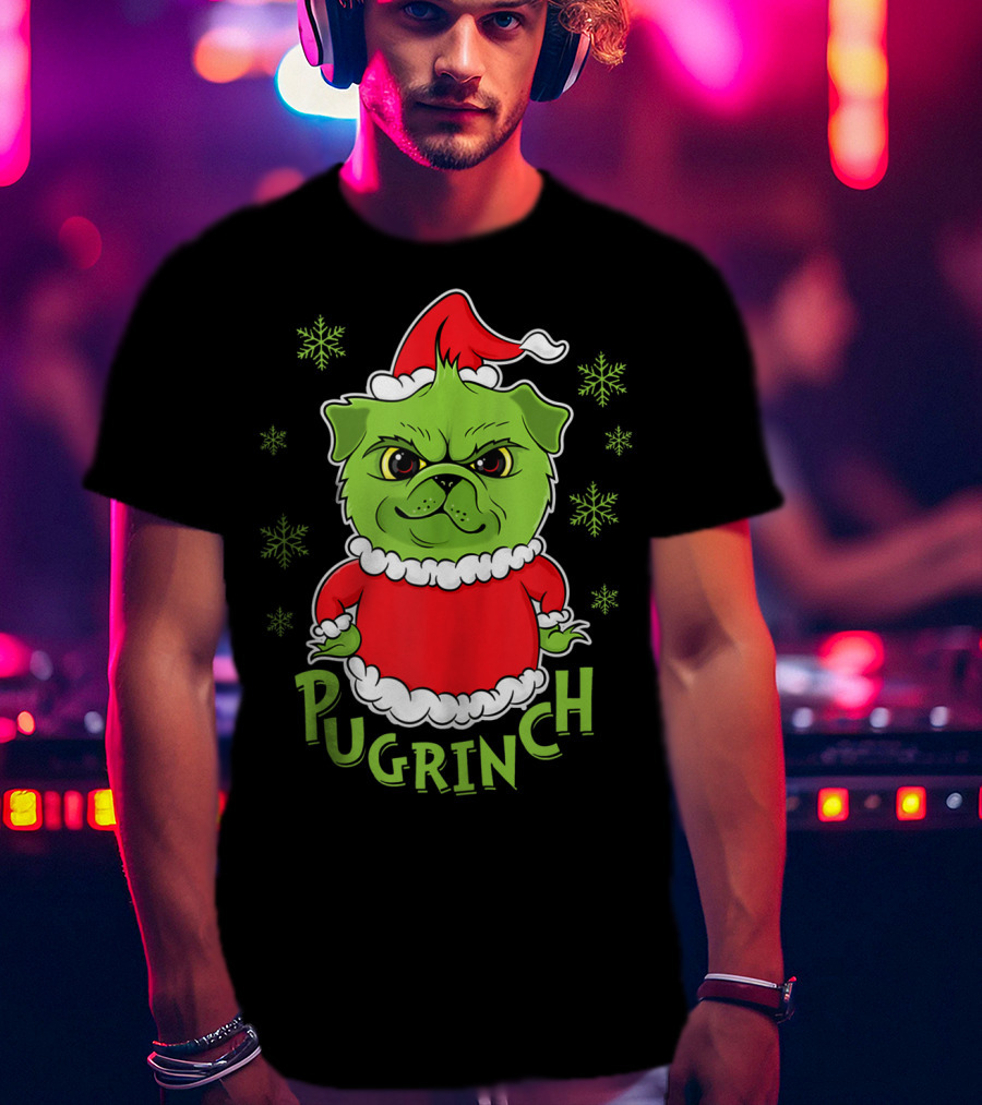 Pugrinch Funny Pug Dog In Christmas Santa Hat With Snowflakes T-Shirt
