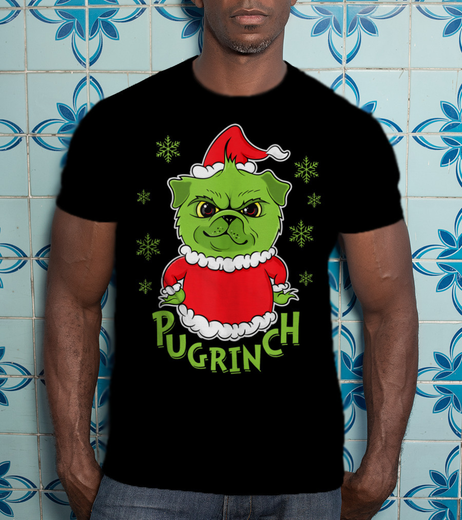 Pugrinch Funny Pug Dog In Christmas Santa Hat With Snowflakes T-Shirt