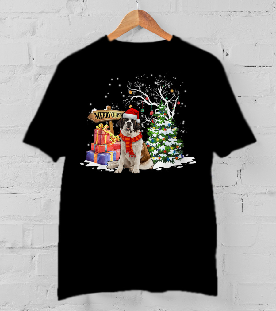 Merry Christmas Saint Bernard Santa Holiday Scene T-Shirt