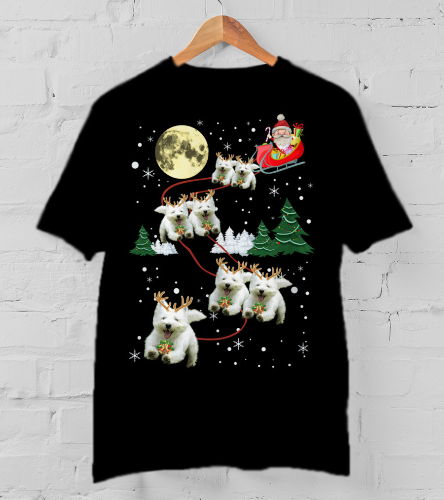 Santa's Sleigh Pulled By Funny Westie Puppies Under Moonlit Christmas Sky T-Shirt