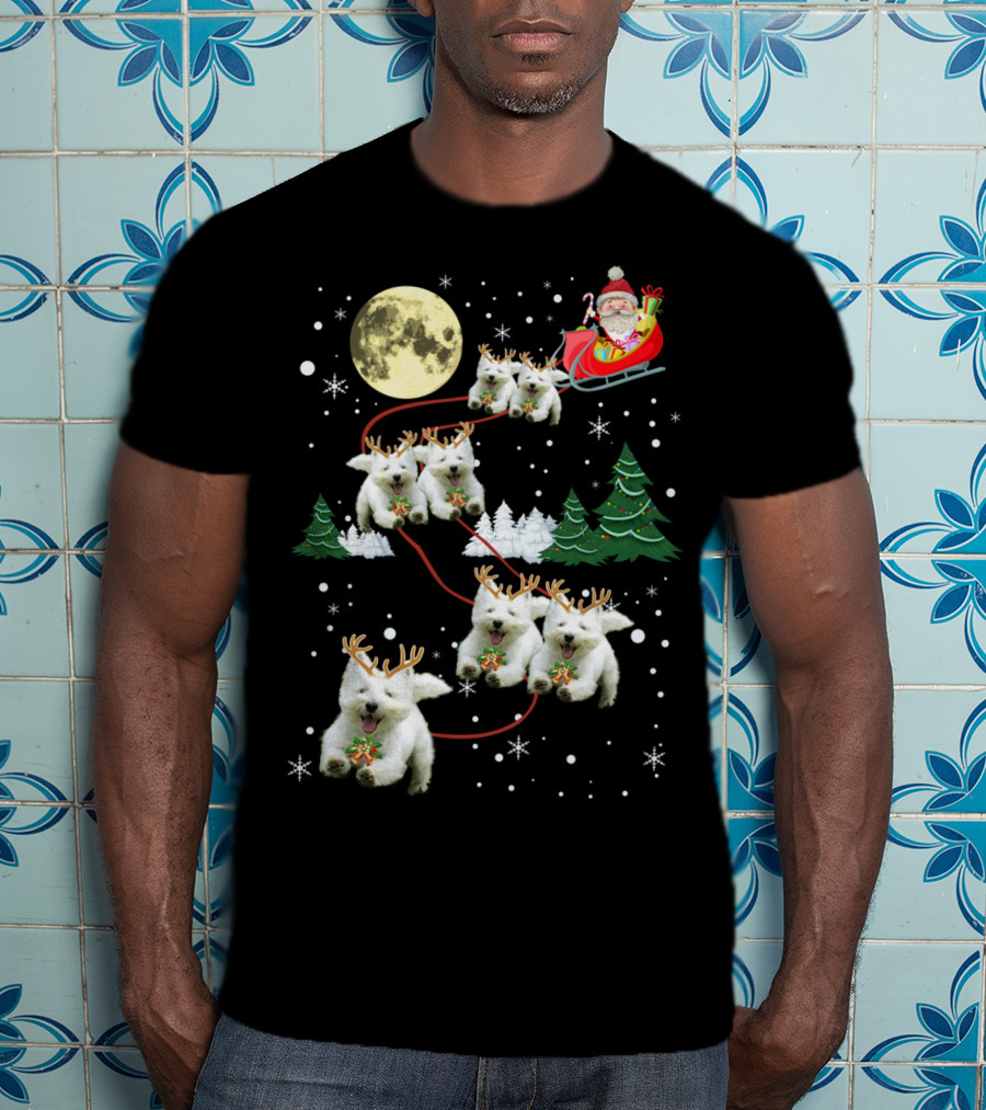 Santa's Sleigh Pulled By Funny Westie Puppies Under Moonlit Christmas Sky T-Shirt