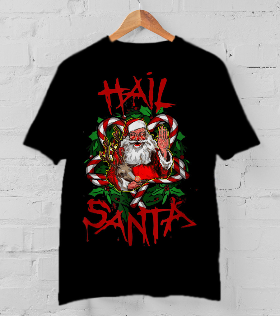 Hail Santa Funny Sleigher Christmas Rock Metal Santa With Reindeer And Candy Cane T-Shirt