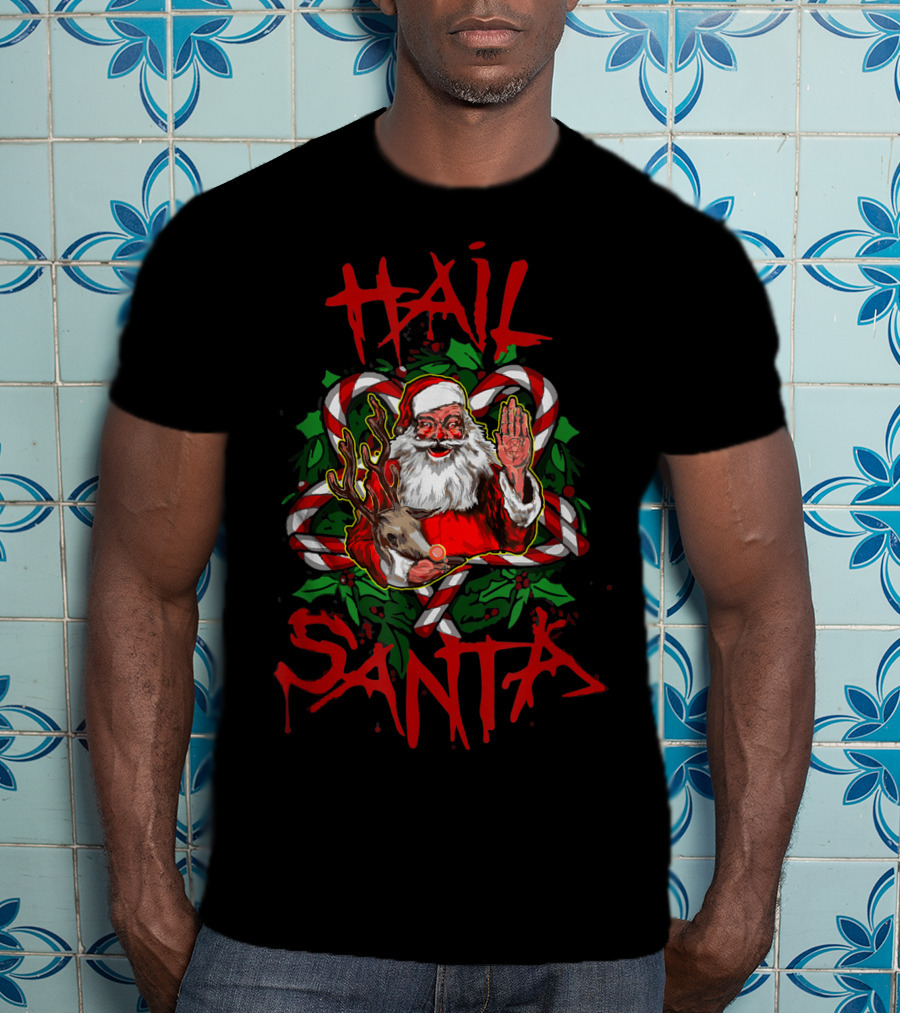 Hail Santa Funny Sleigher Christmas Rock Metal Santa With Reindeer And Candy Cane T-Shirt