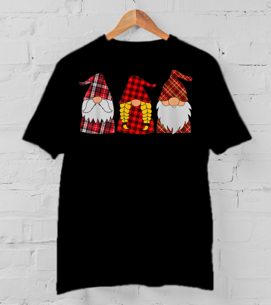 Hanging With Three Red Plaid Gnomies Gnome T-Shirt