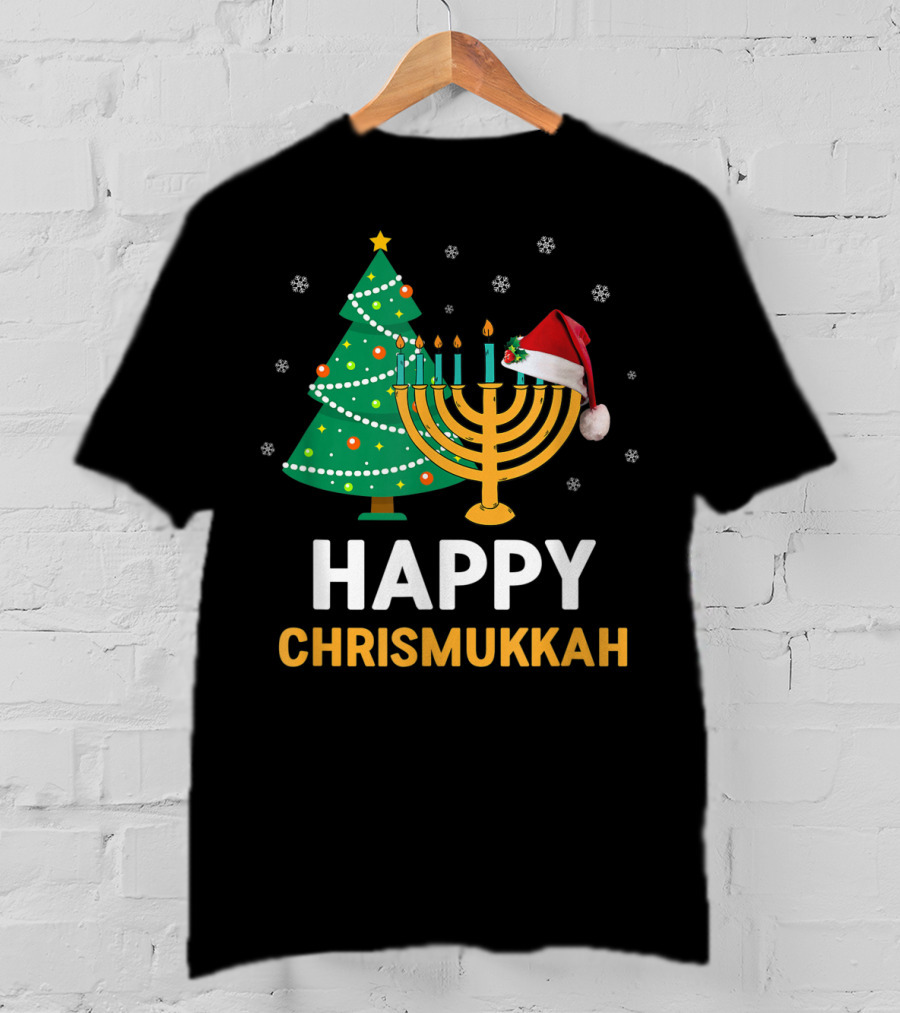 Happy Chrismukkah Funny Hanukkah Christmas Tree Menorah Santa Hat Snowflakes T-Shirt