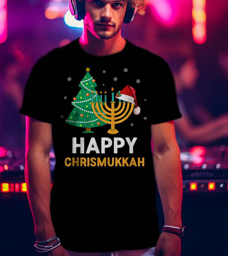 Happy Chrismukkah Funny Hanukkah Christmas Tree Menorah Santa Hat Snowflakes T-Shirt